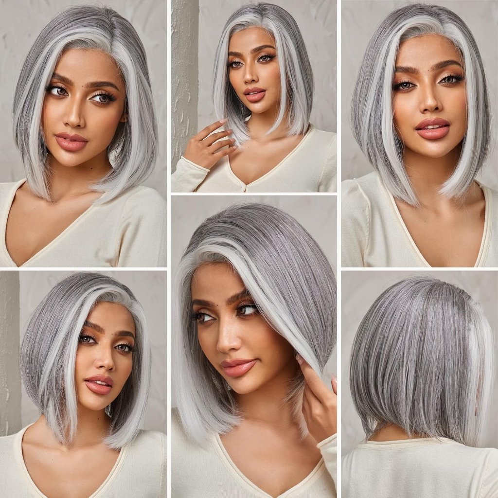 Side Parting Short Bob Sliver Mix White Lace Front Hair Natural Glueless Wig - Wigtrends