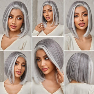 Side Parting Short Bob Sliver Mix White Lace Front Hair Natural Glueless Wig - Wigtrends