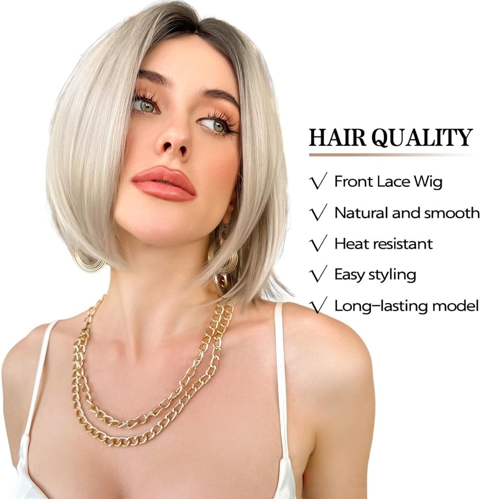 Side Parting Short Bob Sliver Mix White Lace Front Hair Natural Glueless Wig - Wigtrends