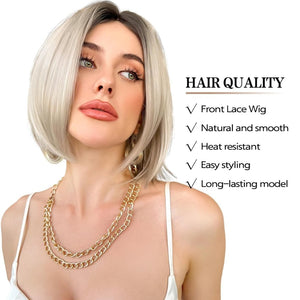 Side Parting Short Bob Sliver Mix White Lace Front Hair Natural Glueless Wig - Wigtrends