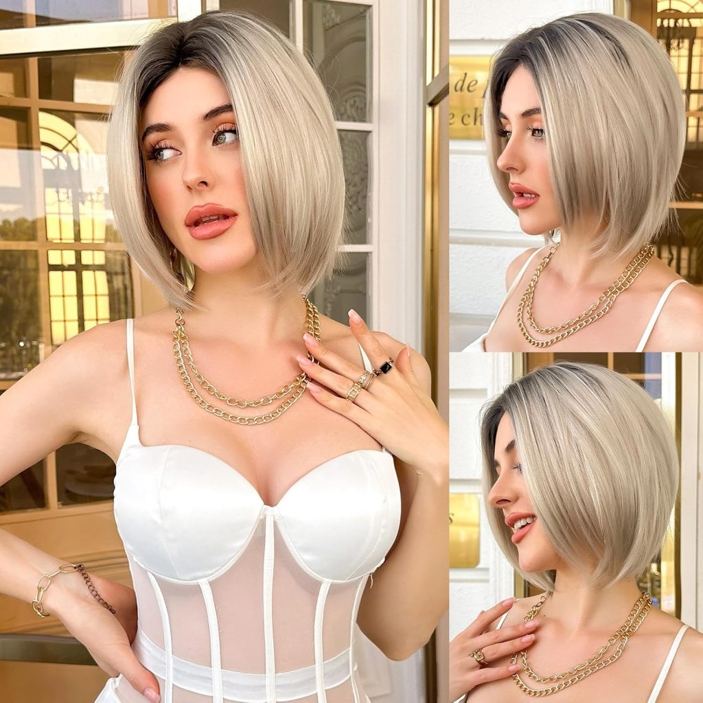 Side Parting Short Bob Sliver Mix White Lace Front Hair Natural Glueless Wig - Wigtrends