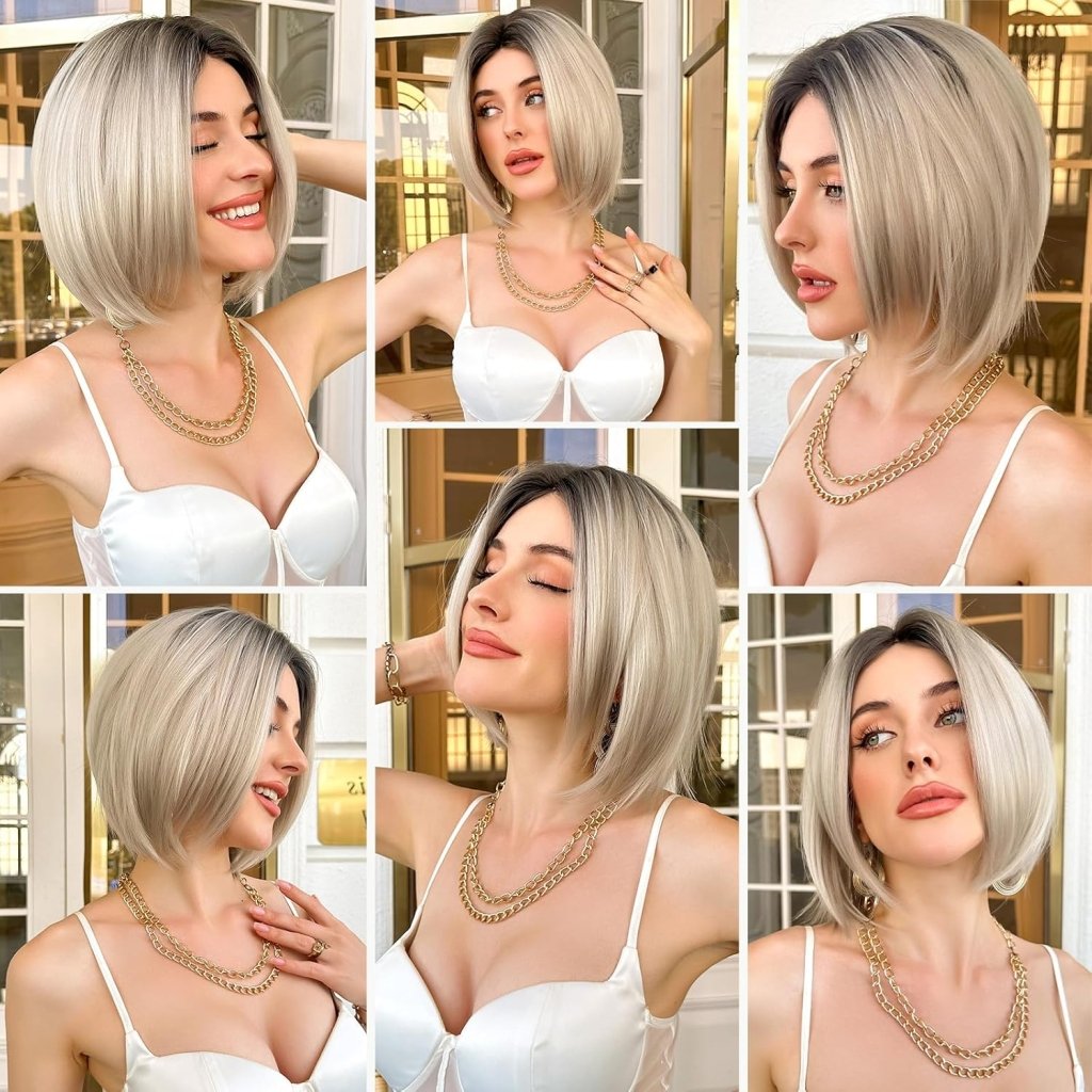 Side Parting Short Bob Sliver Mix White Lace Front Hair Natural Glueless Wig - Wigtrends