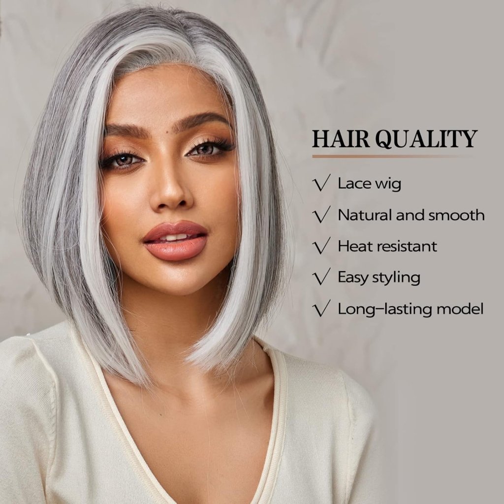 Side Parting Short Bob Sliver Mix White Lace Front Hair Natural Glueless Wig - Wigtrends