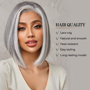 Side Parting Short Bob Sliver Mix White Lace Front Hair Natural Glueless Wig - Wigtrends