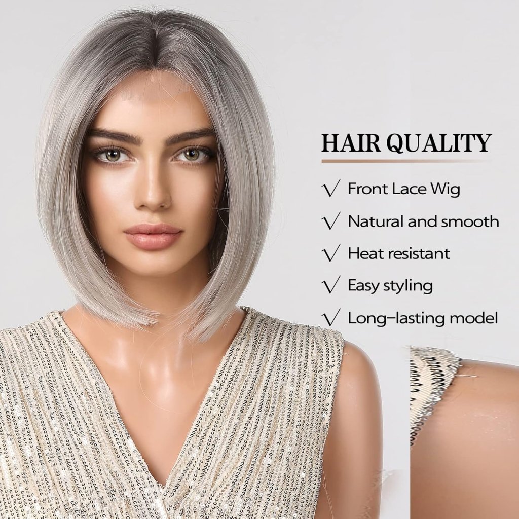 Side Parting Short Bob Sliver Mix White Lace Front Hair Natural Glueless Wig - Wigtrends
