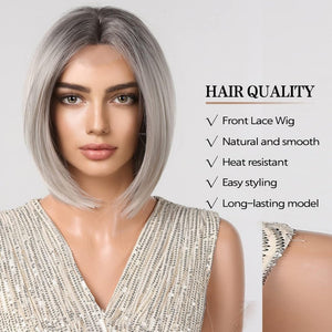 Side Parting Short Bob Sliver Mix White Lace Front Hair Natural Glueless Wig - Wigtrends