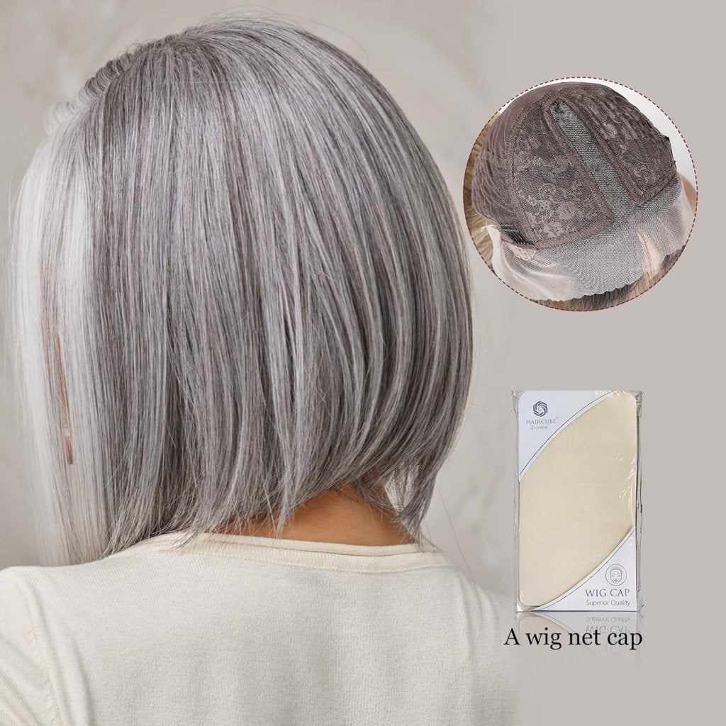Side Parting Short Bob Sliver Mix White Lace Front Hair Natural Glueless Wig - Wigtrends