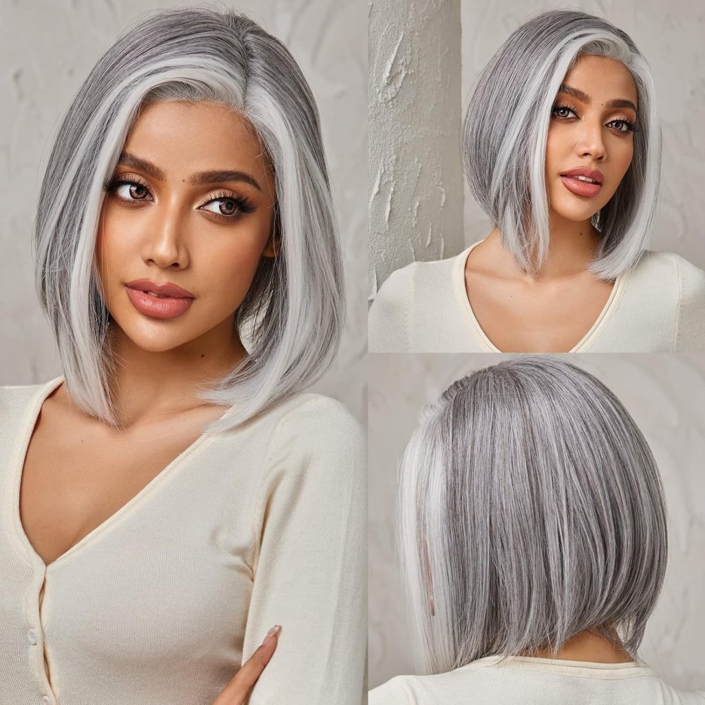 Side Parting Short Bob Sliver Mix White Lace Front Hair Natural Glueless Wig - Wigtrends