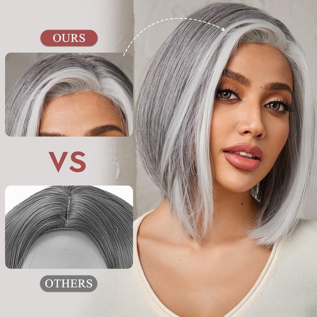 Side Parting Short Bob Sliver Mix White Lace Front Hair Natural Glueless Wig - Wigtrends