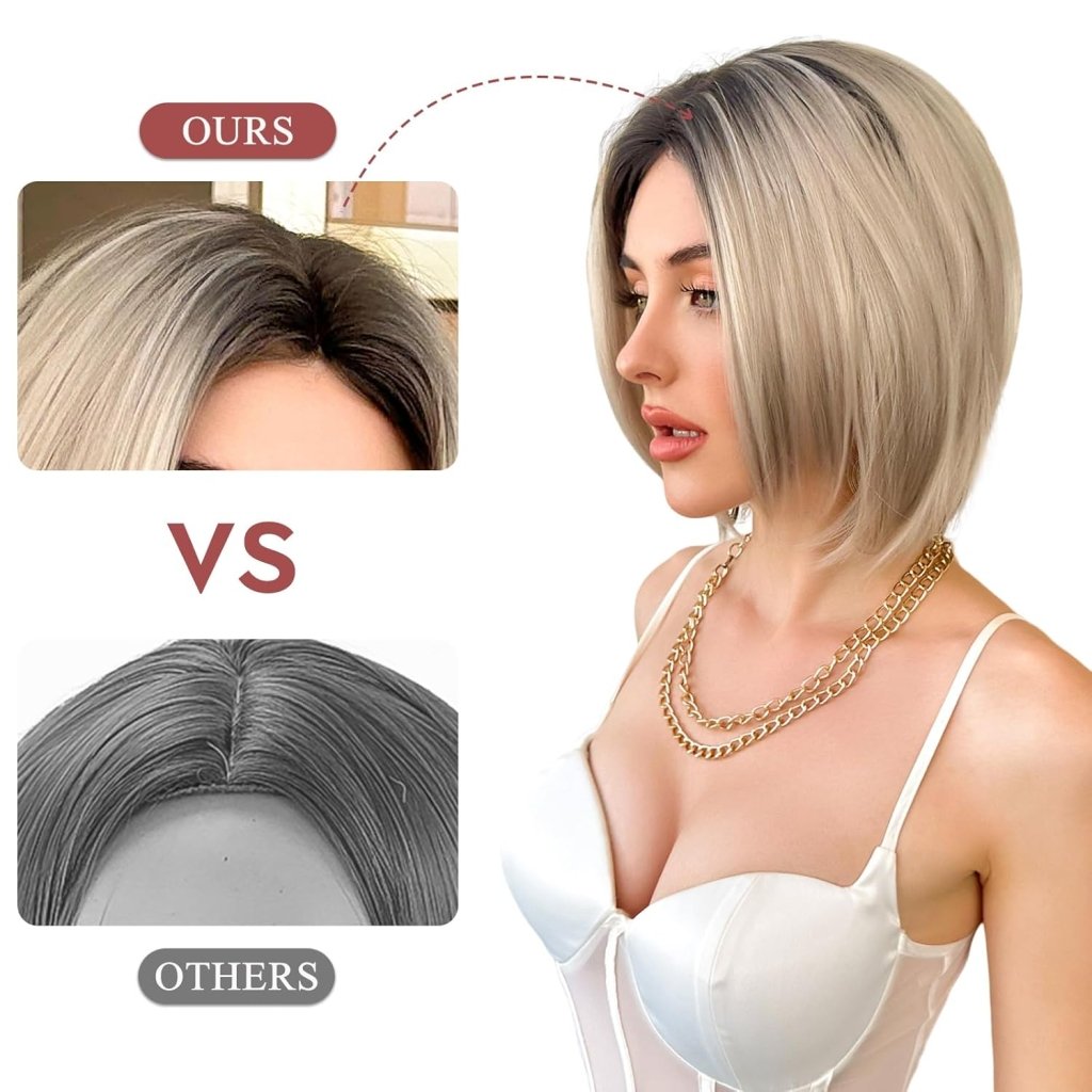 Side Parting Short Bob Sliver Mix White Lace Front Hair Natural Glueless Wig - Wigtrends