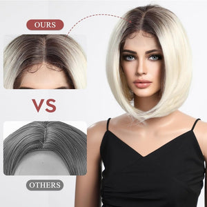 Side Parting Short Bob Sliver Mix White Lace Front Hair Natural Glueless Wig - Wigtrends
