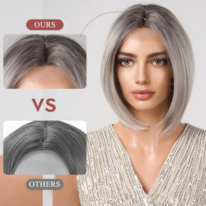 Side Parting Short Bob Sliver Mix White Lace Front Hair Natural Glueless Wig - Wigtrends