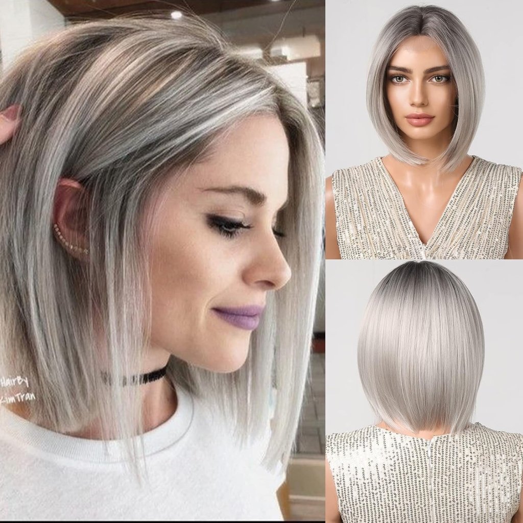 Side Parting Short Bob Sliver Mix White Lace Front Hair Natural Glueless Wig - Wigtrends