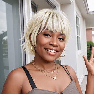 Silver Colored Short Pixie Cut Wig Layered Glueless Mullet Wigs With Bang - Wigtrends