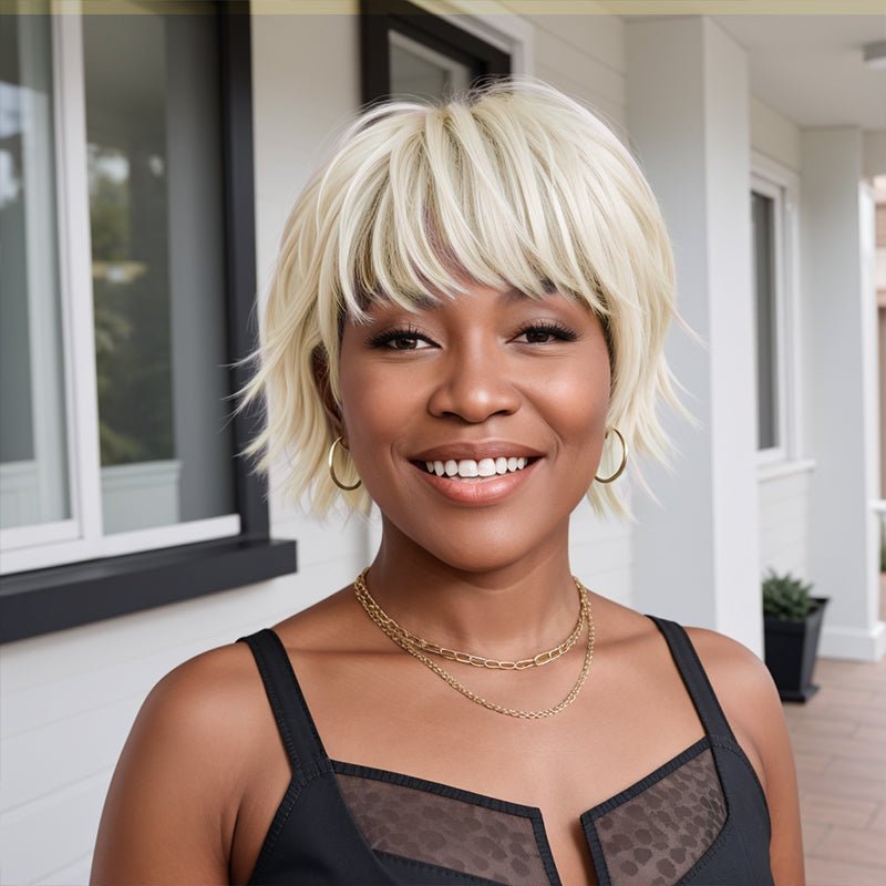 Silver Colored Short Pixie Cut Wig Layered Glueless Mullet Wigs With Bang - Wigtrends
