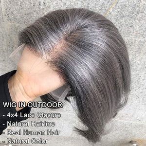 Silver Gray Straight Bob Salt and Pepper 100% Human Hair 4x4 Lace Glueless Wigs For Seniors - Wigtrends