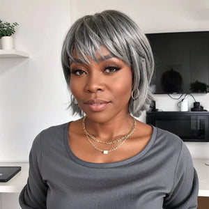 Silver Hair Layered Pixie Cut Short Mullet Wigs With Bangs 100% Human Hair - Wigtrends