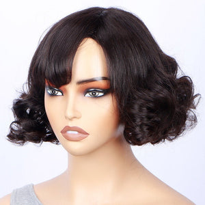 Soul Lady Vintage Style Short Loose Wave Bob Real Human Hair Weargo Silk Top Lace Wigs With Bangs For Women - Wigtrends