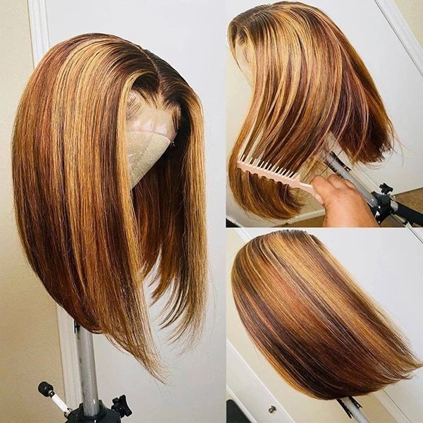 Straight Hair Blonde Highlight Bob Wig T Part Lace Frontal Short Bob Wigs 180% Density - Wigtrends