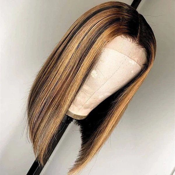Straight Hair Blonde Highlight Bob Wig T Part Lace Frontal Short Bob Wigs 180% Density - Wigtrends