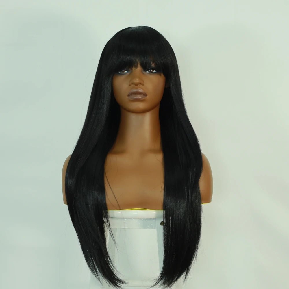 Straight Long Jet Black Synthetic Wig with Bangs - Wigtrends
