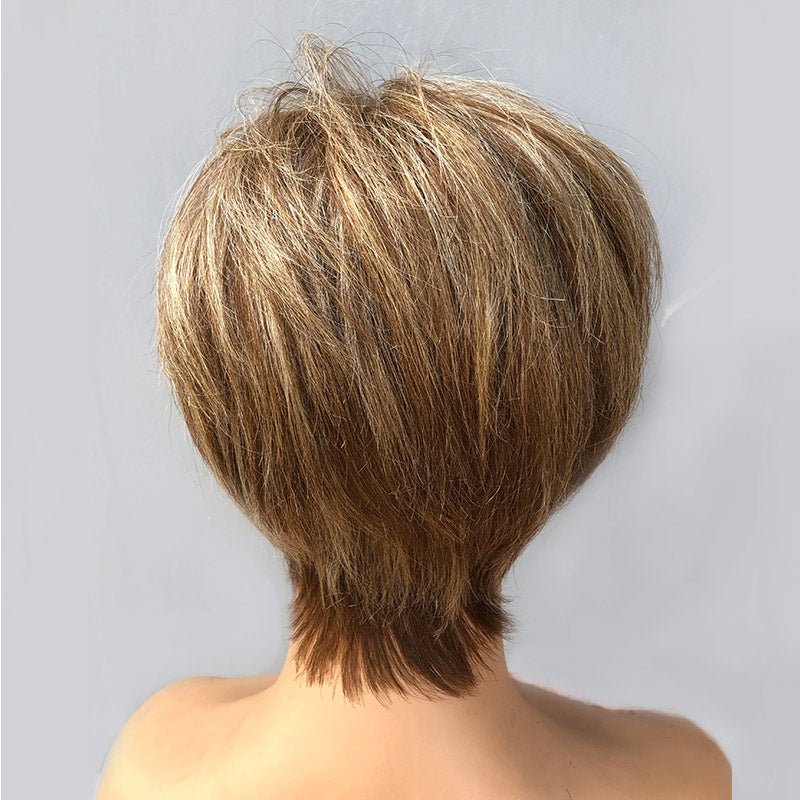 Style Pixie Cut Wig | Brown Mixed Blonde Short Layered Straight Human Hair HD Lace Wig With Bangs - Wigtrends