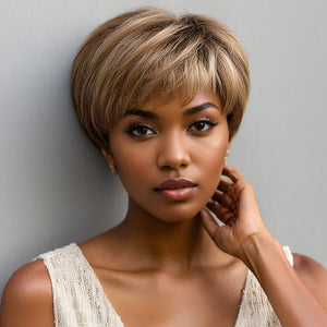 Style Pixie Cut Wig | Brown Mixed Blonde Short Layered Straight Human Hair HD Lace Wig With Bangs - Wigtrends