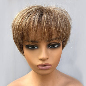 Style Pixie Cut Wig | Brown Mixed Blonde Short Layered Straight Human Hair HD Lace Wig With Bangs - Wigtrends