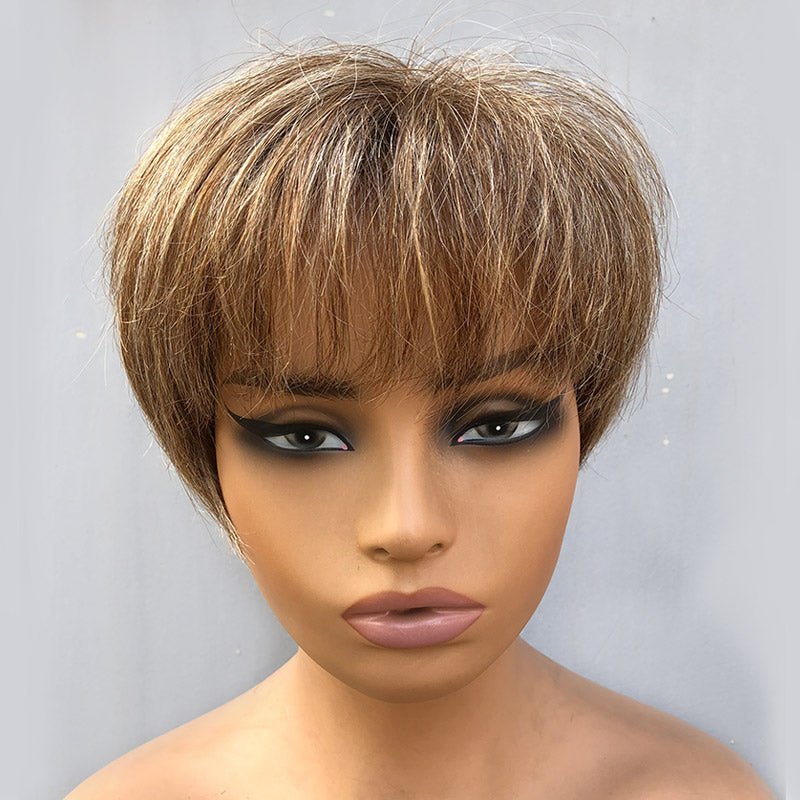 Style Pixie Cut Wig | Brown Mixed Blonde Short Layered Straight Human Hair HD Lace Wig With Bangs - Wigtrends