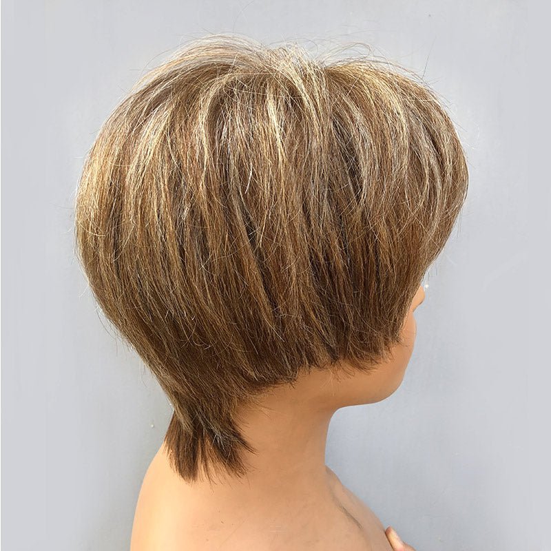 Style Pixie Cut Wig | Brown Mixed Blonde Short Layered Straight Human Hair HD Lace Wig With Bangs - Wigtrends