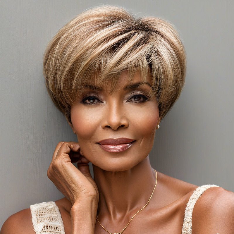 Style Pixie Cut Wig | Brown Mixed Blonde Short Layered Straight Human Hair HD Lace Wig With Bangs - Wigtrends