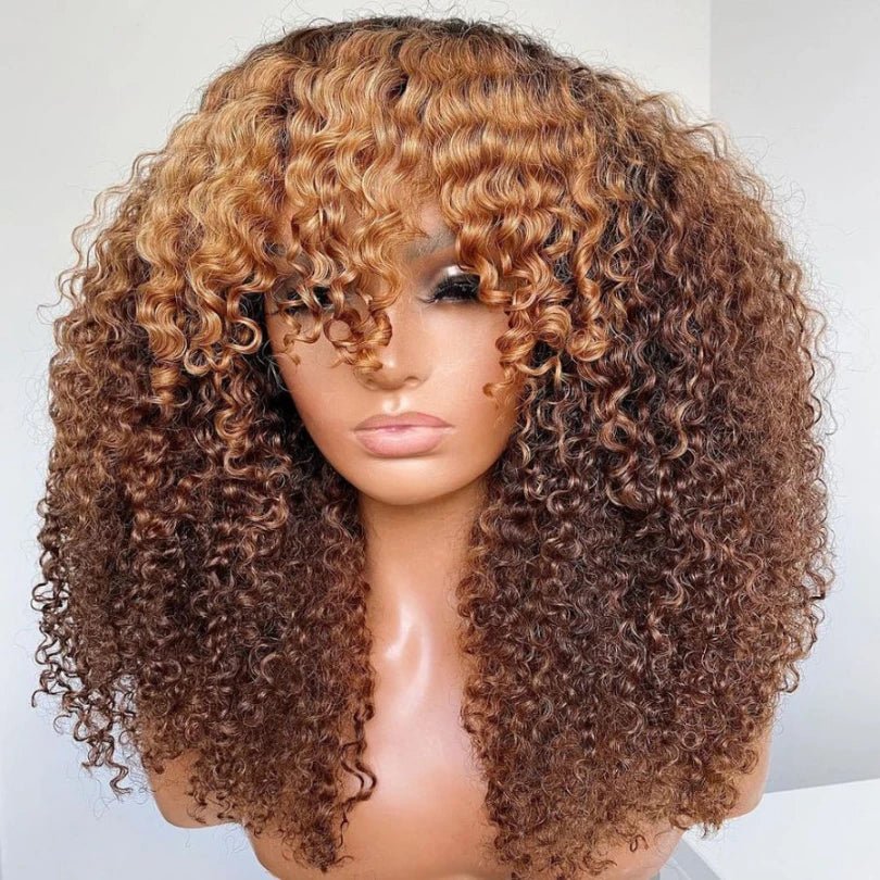 Unique Curly Brown Hair With Blonde Highlights Pre-Cut Wig - Wigtrends