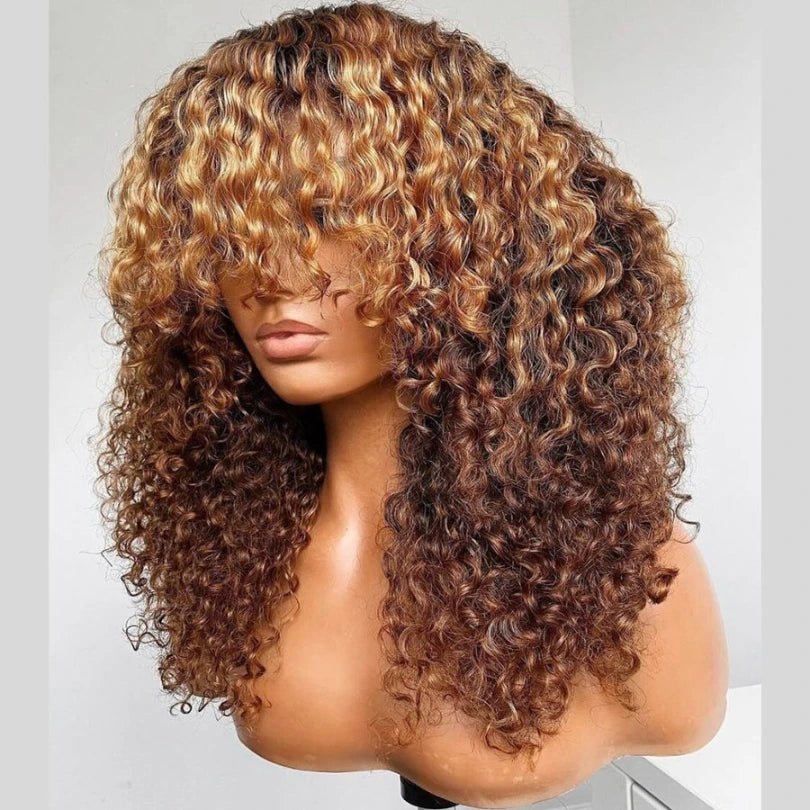 Unique Curly Brown Hair With Blonde Highlights Pre-Cut Wig - Wigtrends