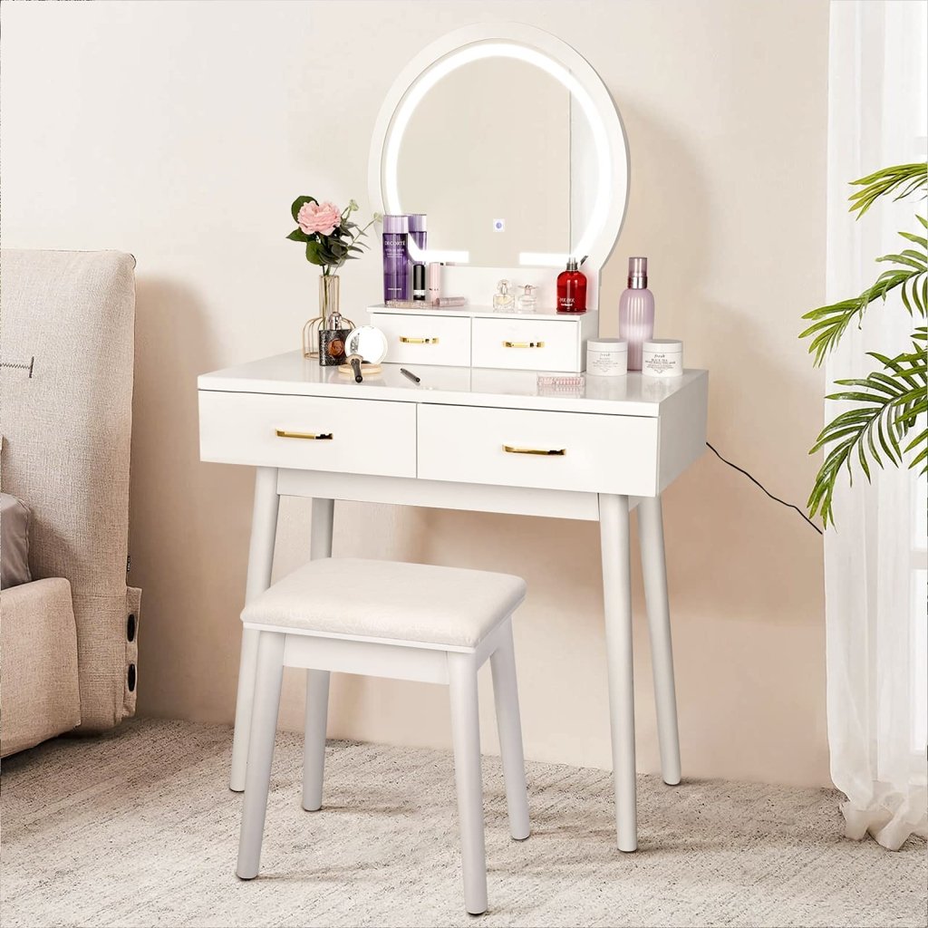 Vanity Desk with Lighted Mirror - 3 Color Lighting Modes Adjustable Brightness - Wigtrends