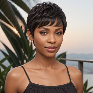 Wigstrends Black Natural Wave Short Pixie Cut Layered Glueless Wig Bob Human Hair For Summer - Wigtrends