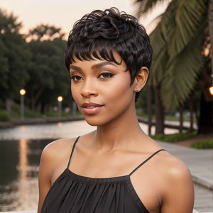 Wigstrends Black Natural Wave Short Pixie Cut Layered Glueless Wig Bob Human Hair For Summer - Wigtrends