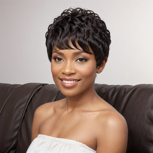 Wigstrends Black Natural Wave Short Pixie Cut Layered Glueless Wig Bob Human Hair For Summer - Wigtrends