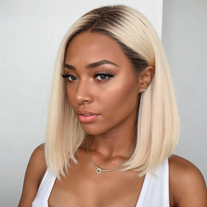Wigstrends Blonde Bob Wigs With Dark Brown Roots Ombre Lace Closure Bob Wigs - Wigtrends