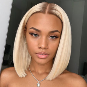 Wigstrends Blonde Bob Wigs With Dark Brown Roots Ombre Lace Closure Bob Wigs - Wigtrends