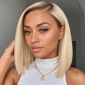 Wigstrends Blonde Bob Wigs With Dark Brown Roots Ombre Lace Closure Bob Wigs - Wigtrends