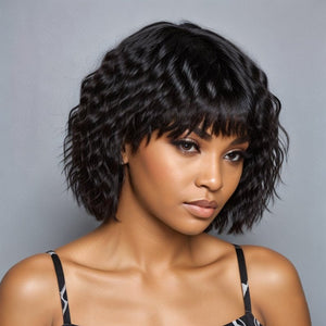 Wigstrends LinktoHair Glueless Wolf Cut Short Wavy Bob Wig With Bang 100% Human Hair - Wigtrends