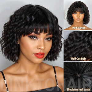 Wigstrends LinktoHair Glueless Wolf Cut Short Wavy Bob Wig With Bang 100% Human Hair - Wigtrends