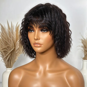 Wigstrends LinktoHair Glueless Wolf Cut Short Wavy Bob Wig With Bang 100% Human Hair - Wigtrends