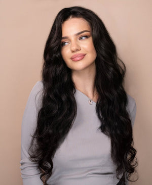 Wigstrends put on & go pre - cut lace wavy human wig - 28" natural black - Wigtrends