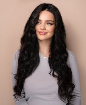 Wigstrends put on & go pre - cut lace wavy human wig - 28" natural black - Wigtrends