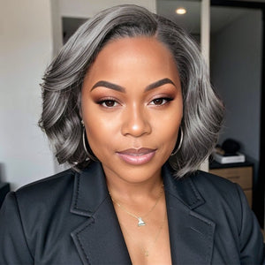 Wigstrends Salt And Pepper Glueless Lace Wig Side Part Bob Style 100% Human Hair - Wigtrends