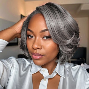 Wigstrends Salt And Pepper Glueless Lace Wig Side Part Bob Style 100% Human Hair - Wigtrends