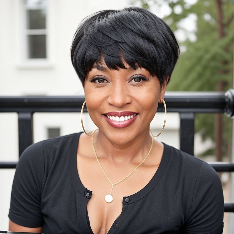 Wigstrends Trendy Natural Black Layered Pixie Cut Short Wigs With Bangs - Wigtrends