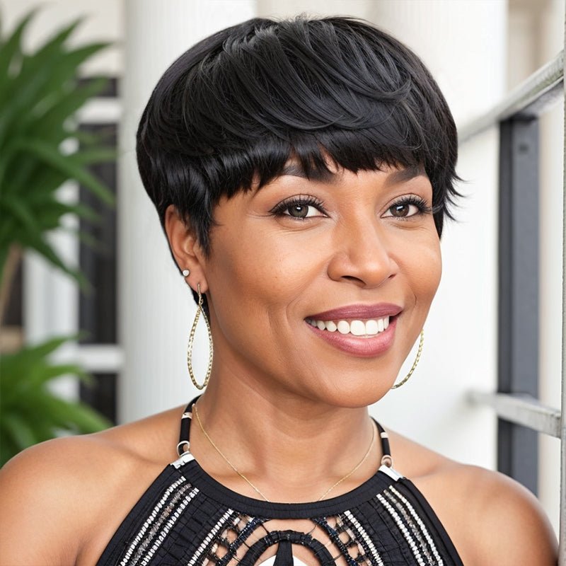 Wigstrends Trendy Natural Black Layered Pixie Cut Short Wigs With Bangs - Wigtrends