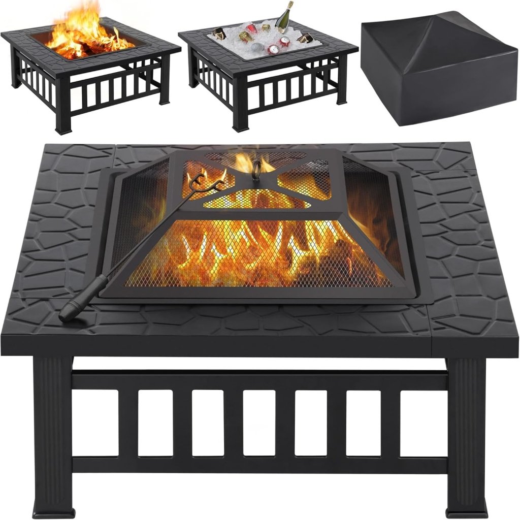 Yaheetech Multifunctional Fire Pit Table 32in Square Metal Firepit Stove Backyard Patio Garden Fireplace for Camping, Outdoor Heating, Bonfire and Picnic - Wigtrends
